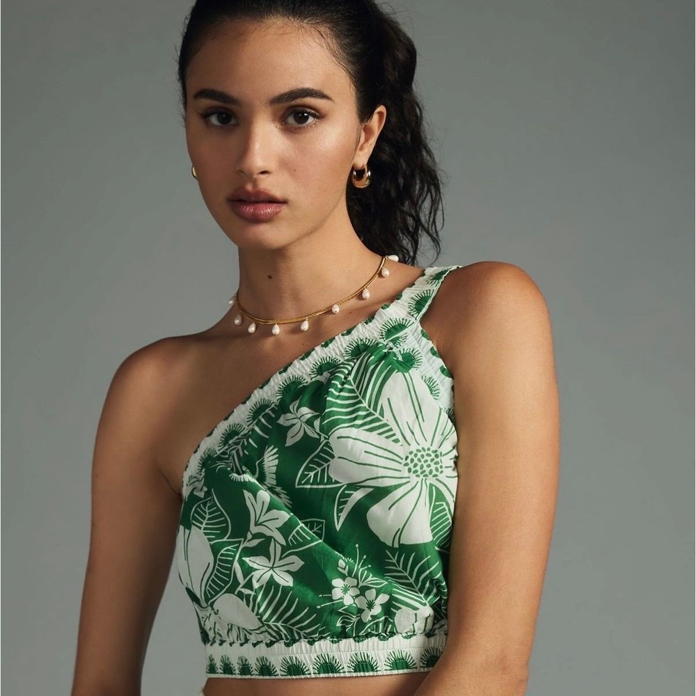 Farm Rio Top Size Medium Green Cropped Floral Tropical Beach Boho Resort Summer